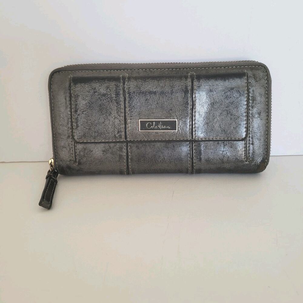 Cole Haan Geniue‎ Leather Wallet Large Gray Distress Boho Rustic Quality Zip